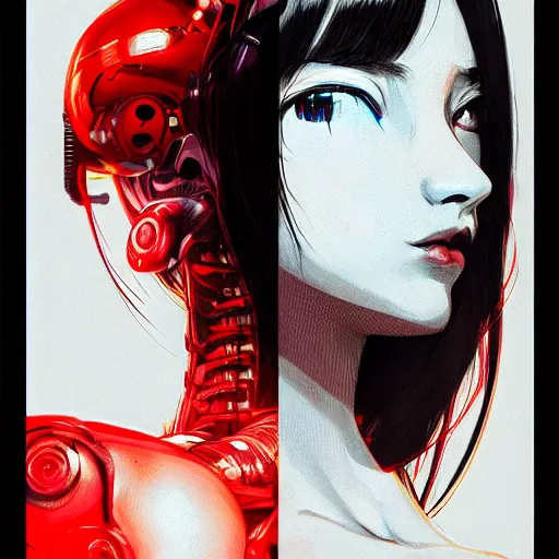 Image similar to A cyborg girl with big and cute eyes, fine-face, realistic shaded perfect face, fine details. red, black and white robotic parts. realistic shaded lighting poster by Ilya Kuvshinov katsuhiro otomo ghost-in-the-shell, magali villeneuve, artgerm, Jeremy Lipkin and Michael Garmash, Rob Rey and Kentarõ Miura style, trending on art station