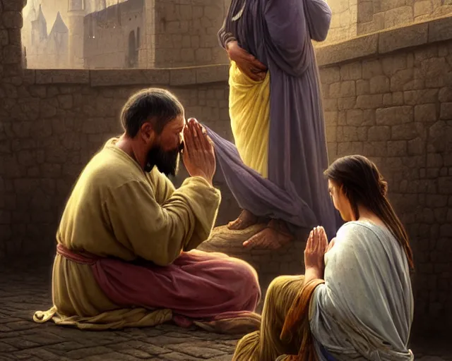 Image similar to realistic matte painting of a poor hungry couple praying to a cross and crying, emotional sad painting, very poor, hungry, love eachother, medieval peasants, fantasy, cruel, dramatic lighting, intricate, wild, highly detailed, digital painting, artstation, concept art, smooth, sharp focus, illustration, art by artgerm and greg rutkowski and alphonse mucha