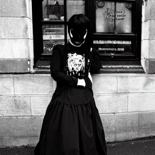 Prompt: A goth emo girl loitering around a British high street, 2006