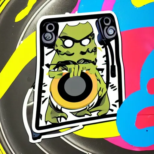 Image similar to svg sticker of a Pop-Wonder Alien-Bog-Monster-Swamp-Rat-Thunder-Coot-Racing-Fan at a rave, spinning records, giant headphones rocking out, wearing headphones, huge speakers, dancing, rave, DJ, spinning records, digital art, amazing composition, rule-of-thirds, award-winning, trending on artstation, featured on deviantart