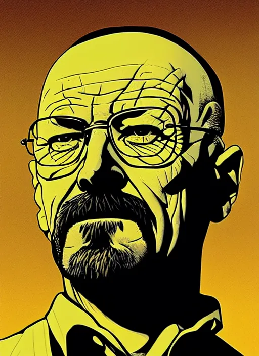 Image similar to highly detailed poster artwork by Michael Whelan and Tomer Hanuka, of Walter White, from scene from Breaking Bad, clean