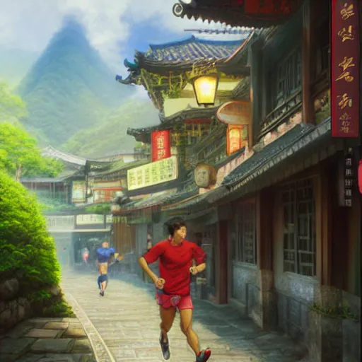 Image similar to portrait of a man running in jiufen taiwan, an oil painting by ross tran and thomas kincade, studio ghibli