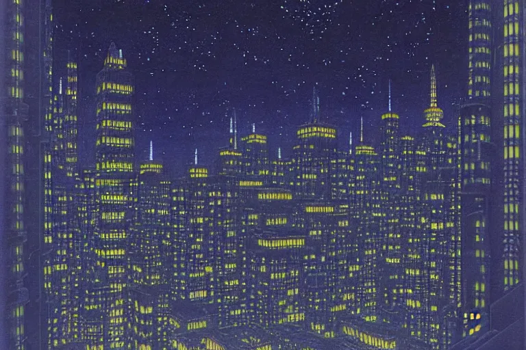 Image similar to a scifi illustration, Night City on Coruscant by hasui kawase