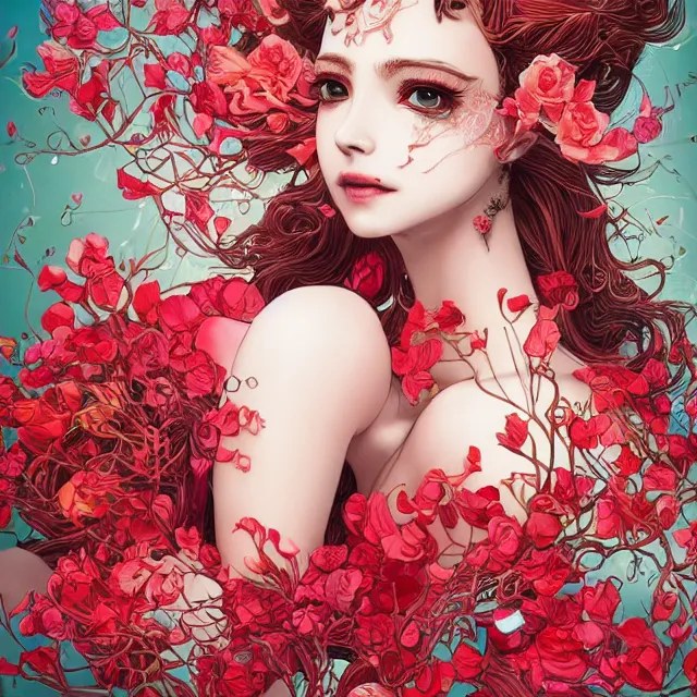 Image similar to an absurdly beautiful, elegant, young hypercolorful sensual gravure idol partially made up of rubies and red petals, ultrafine hyperrealistic detailed face illustration by kim jung gi, irakli nadar, intricate linework, sharp focus, bright colors, matte, octopath traveler, final fantasy, unreal engine highly rendered, global illumination, radiant light, intricate environment