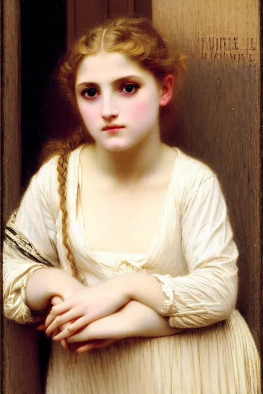 Image similar to girl in thought by auguste toulmouche and bouguereau, bright light, perfect detailed eyes, beautiful hands, pale skin, blonde hair, leaning on door