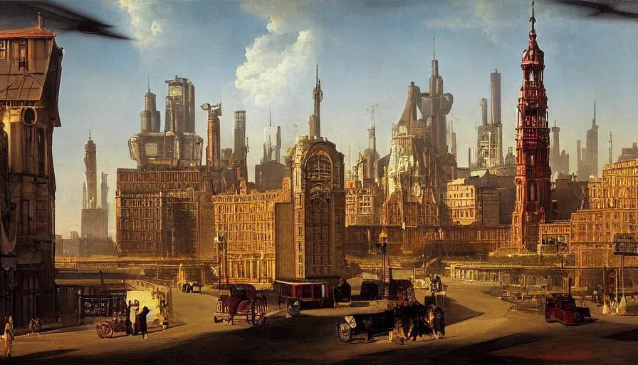 Image similar to Victorian England soviet city with flying cars and cyberpunk, made by Hubert van Eyck, Georges de La Tour, Élisabeth Vigée Le Brun, Jacques-Louis David