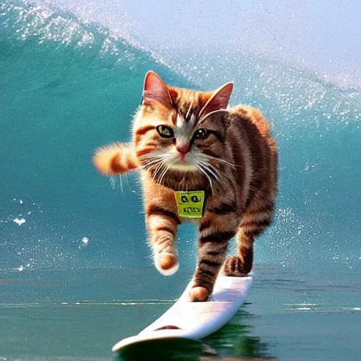 Image similar to cat nonchalantly surfs a gnarly wave,