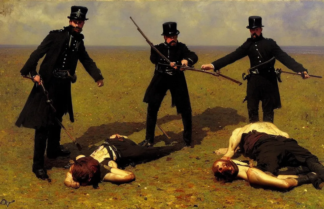 Image similar to victorian policeman finding a dead body, 1 8 9 0 s, detailed painting, epic lighting, by ilya repin, phil hale and kent williams