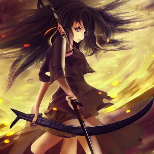 Prompt: A magical girl holding a scythe fighting against the end of the world, anime art, trending on pixiv, oil on canvas 4k