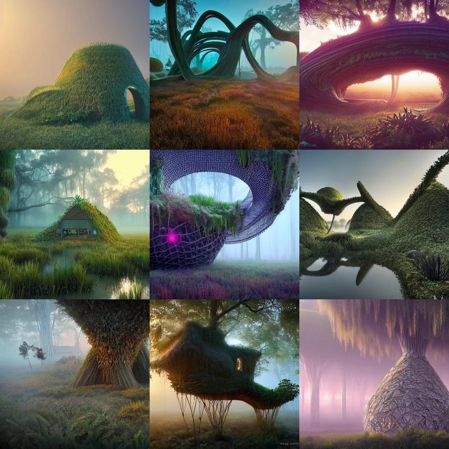 Prompt: a organic house structure made of strange plants, located in a swamp at sunrise, mist, ultra wide angle, moebius, chillwave, futuresynth