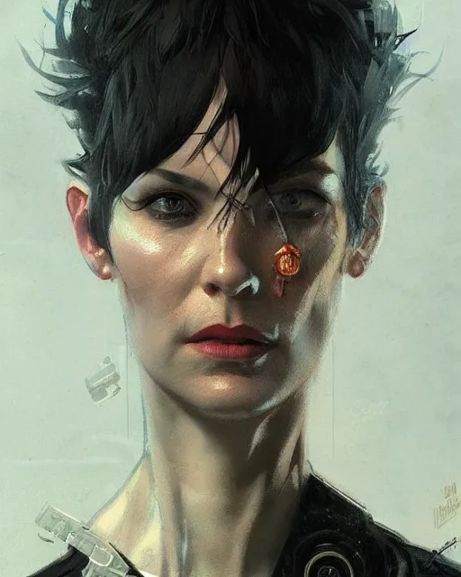 Prompt: '' Face portrait of a chained cocky detective with a black leather coat, short hair , sci-fy, cyber punk, high detail, digital painting, artstation, concept art, sharp focus, illustration, art by greg rutkowski and alphonse mucha ''