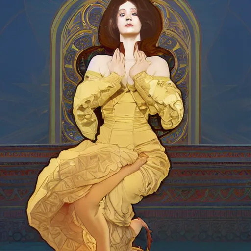 Prompt: condescension of a proud queen to a servant kneeling before her, yellow eyes, sitting in a chair while posing for a photo, highly detailed, digital painting, artstation, smooth, sharp focus, illustration, art by artgerm and alphonse mucha, high definition digital art, in the style of ilya kuvshinov and Ross tran