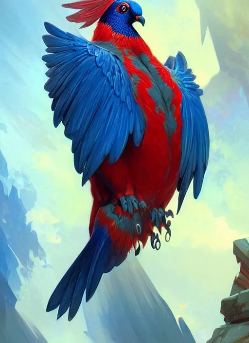 Image similar to portrait of aggressive pigeon humanoid, d & d, muscular! blue and red, fantasy, intricate, elegant, highly detailed, digital painting, artstation, concept art, smooth, sharp focus, illustration, art by artgerm and greg rutkowski and alphonse mucha