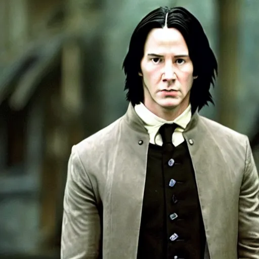 Image similar to Film Still of a Young Keanu Reeves playing a Young Severus Snape in Harry Potter, Film Still, realistic, hyperrealistic, very realistic, very very realistic, highly detailed, very detailed, extremely detailed, detailed, detailed face, very detailed face, very detailed face, realism, HD Quality, 8k resolution, intricate details, body and head in frame, Real Life