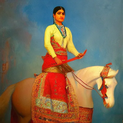 Image similar to a painting of a woman riding a white horse, an oil on canvas painting by raja ravi varma, featured on deviantart, qajar art, detailed painting, oil on canvas, acrylic art