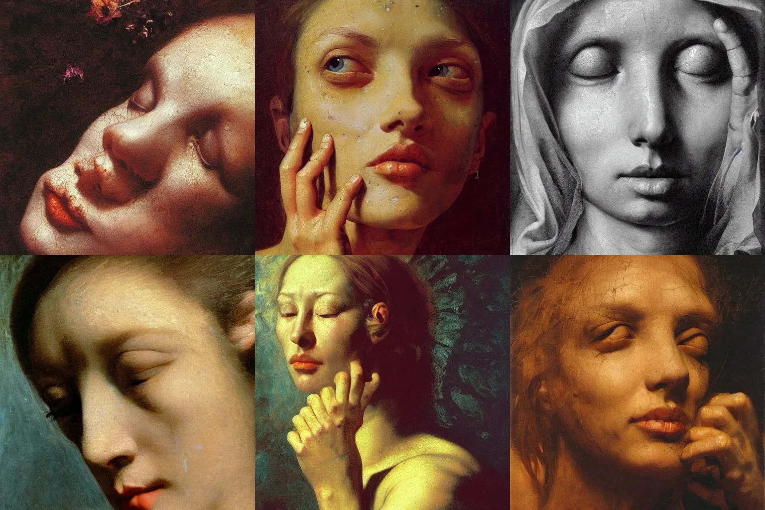 Prompt: Shattered face of a beautiful woman with closed eyes in singularity of baroque folds, shadows, the long shot, dramatic lighting, high-detailed oil painting by Ilya Repin, William Blake, Michelangelo da Caravaggio and Beksinski, masterpiece, 4k