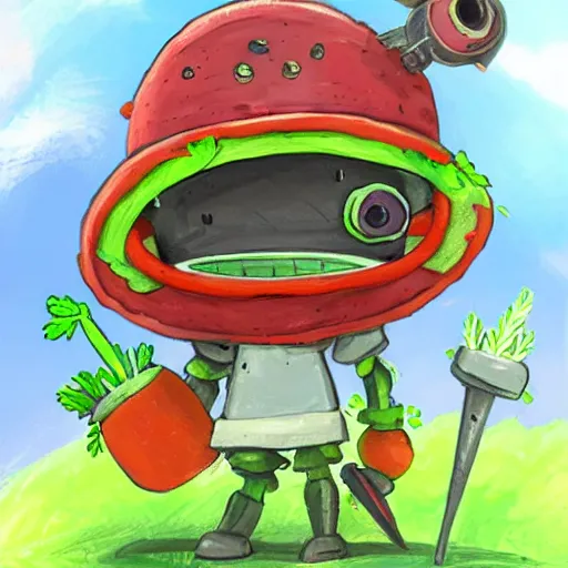 Image similar to little happy robot made of plants with big tomato hat and a carrot sword, made in abyss style