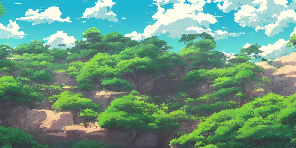 Image similar to landscape, anime art style, studio ghibli, 4 k, 8 k