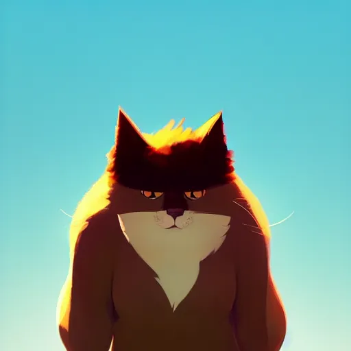 Image similar to a big fluffy cat by cory loftis and goro fujita and atey ghailan, exquisite lighting, art, very coherent, plain background, trending on artstation