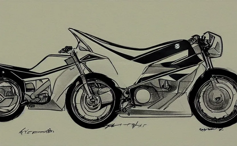 Prompt: 1 9 8 0 s suzuki sports motorcycle concept, sketch, art,