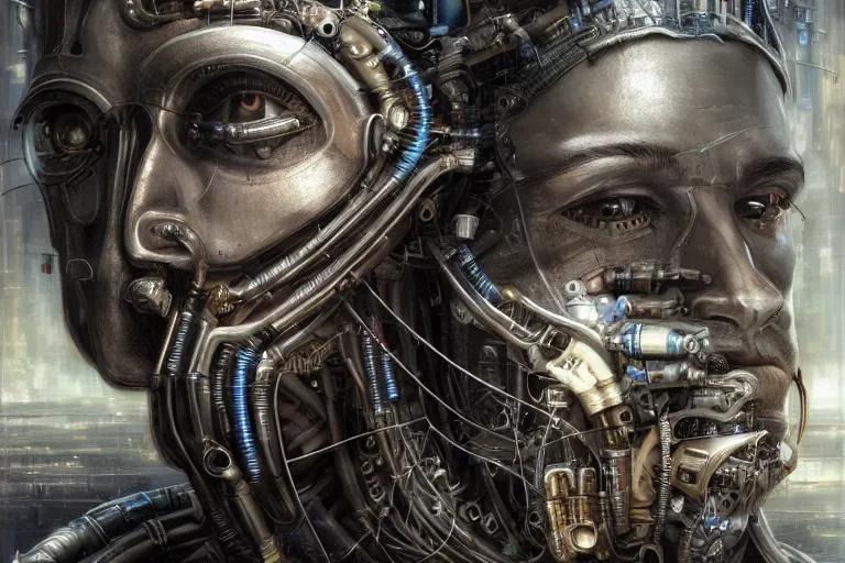 Image similar to an extremely high quality hd, a digital painting of a man's face surrounded by mechanical parts, cyberpunk art by h. r. ( hans ruedi ) giger, featured on cgsociety, afrofuturism, circuitry, tesseract, dystopian art, 8 k, ultra realistic, very realistic