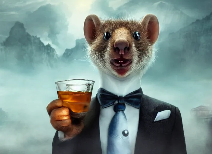 Prompt: A very high resolution image from a new movie, A Weasel wearing a suit drinks tea in a shabby Chinese room, surrounded by water vapor,beatiful backgrounds,dramatic Lighting, directed by hao ning