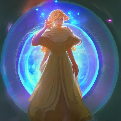 Image similar to portrait of a female mage with ball of orbs floating by her side, blueish aura by her side, dynamic pose, chromatic aberration, medium level shot, grim fantasy, illustration, mucha style, concept art,