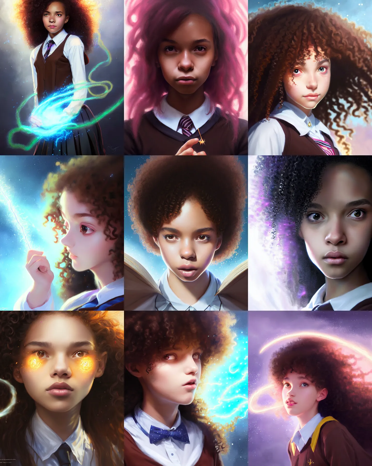 Prompt: close-up portrait of a innocent young teen girl, black magical school student uniform, brown curly hair, casting a bright large-scale magical spell around herself, overflowing energy, highly detailed, digital painting, trending on artstation, pixiv, concept art, sharp focus, illustration, art by Ross Tran and Greg Rutkowski and Walt Disney animation