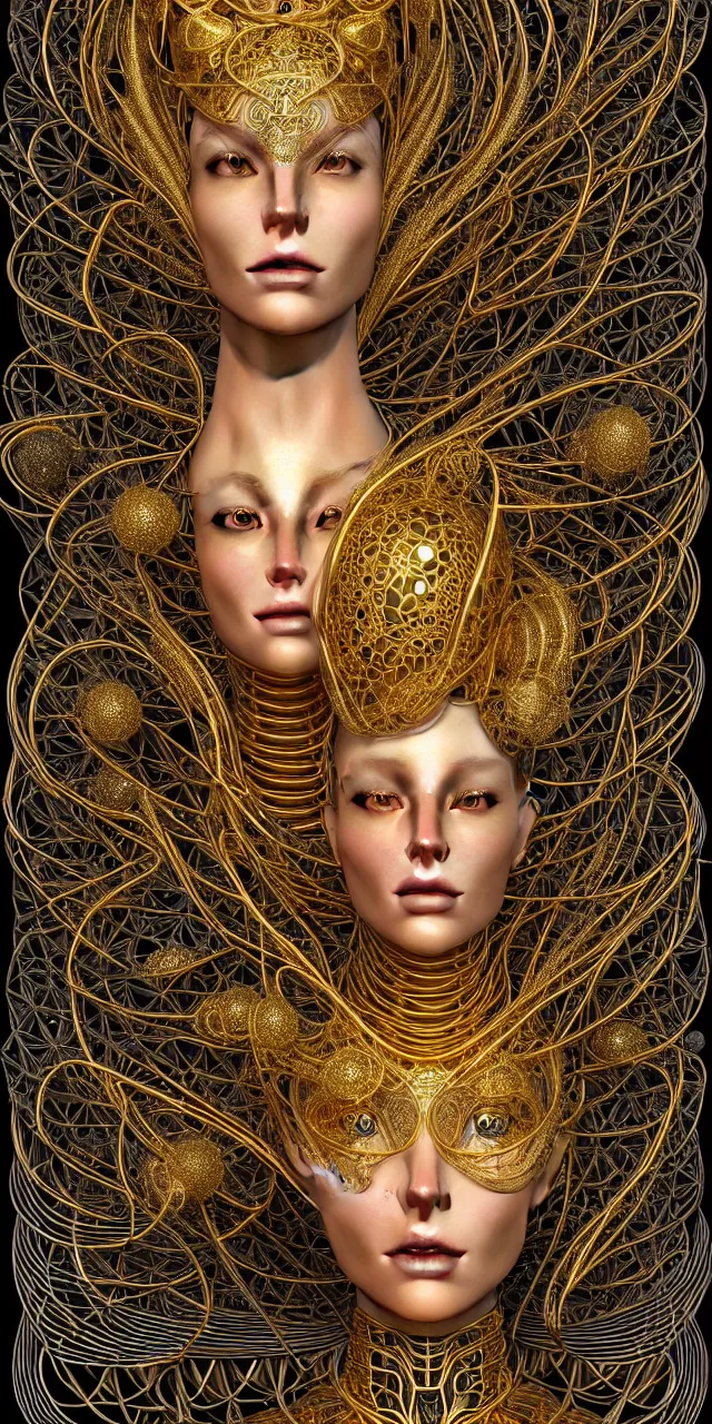 Prompt: seamless pattern of three dimensional blueprints for an absurdly beautiful, graceful, sophisticated, fashionable futuristic female golden robot, hyperdetailed illustration by irakli nadar and alexandre ferra, intricate linework, faberge, intricate gold headdress, dark atmosphere, unreal engine 5 highly rendered, global illumination, radiant light, detailed and intricate environment