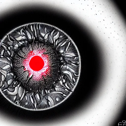 Image similar to a detailed extremely close up of inside the iris, cornea, red image, microscopic, extremely close up drawing by junji ito, cgsociety, generative art, lovecraftian, parallax, cosmic horror, extremely detailed, hyperrealism, unreal engine, octane render, award winning, masterpiece, highly detailed, realistic, 4 k, digital