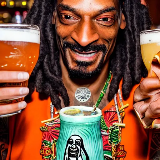 Image similar to a closeup photorealistic photograph of happy snoop dogg at trader vic's bar presenting a trader vic's tiki mug that features the face of snoop dogg. brightly lit scene. this 4 k hd image is trending on artstation, featured on behance, well - rendered, extra crisp, features intricate detail, epic composition and the style of unreal engine.