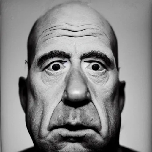 Image similar to portrait of a Homer Simpson lookalike by Diane Arbus, 88mm, black and white