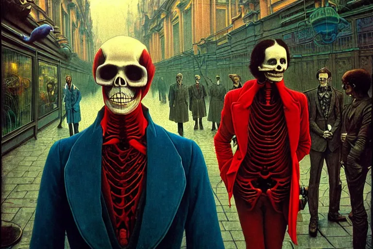 Image similar to realistic detailed photorealistic film portrait shot of a single skeleton wearing crimson velvet blazer in a crowded futuristic moscow street by Denis Villeneuve, Amano, Yves Tanguy, Alphonse Mucha, Ernst Haeckel, Andrei Tarkovsky, Edward Robert Hughes, Roger Dean, rich moody colours, wide angle, blue eyes