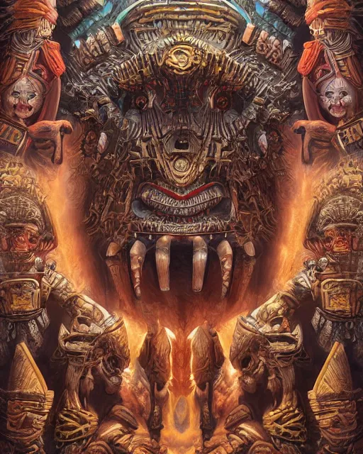 Image similar to digital painting of a gigantic aztec nagual by filipe pagliuso and justin gerard, symmetric, fantasy, detailed, intricate, sharp focus, tarot card, gwent