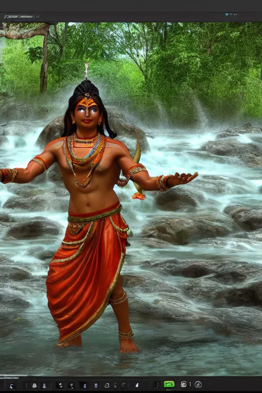 Prompt: hindu god shiva dancing on water in forest lake, realistic render, high quality 8k 3d unreal engine 5. overdetailed