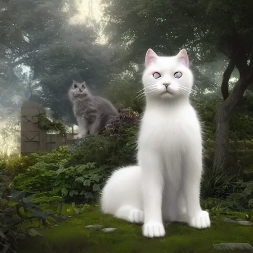 Image similar to hyperrealistic image of fun, fluffy white cat with one blue eye and one green eye, in a fairy garden, stunning 3 d render inspired art by greg rutkowski and xiang duan, perfect facial symmetry, realistic, highly detailed attributes and atmosphere, dim volumetric cinematic lighting, 8 k octane detailed render, post - processing, masterpiece