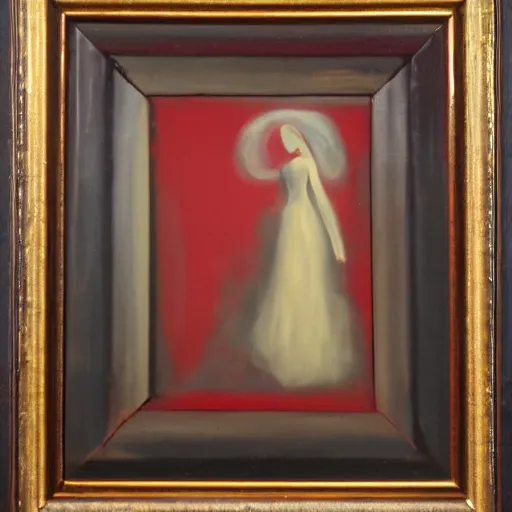 Prompt: a haunting painting in a bright red frame