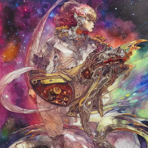 Image similar to cosmic pizza, watercolor, pen and ink, intricate line drawings, by Yoshitaka Amano, Ruan Jia, Kentaro Miura, Artgerm, detailed, trending on artstation, hd, masterpiece,