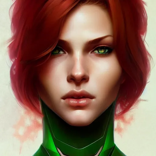 Image similar to beautiful natural teenage femshep, green eyes, red hair intricate, elegant, highly detailed, digital painting, artstation, concept art, smooth, sharp focus, illustration, art by artgerm and greg rutkowski and alphonse mucha and loish and WLOP