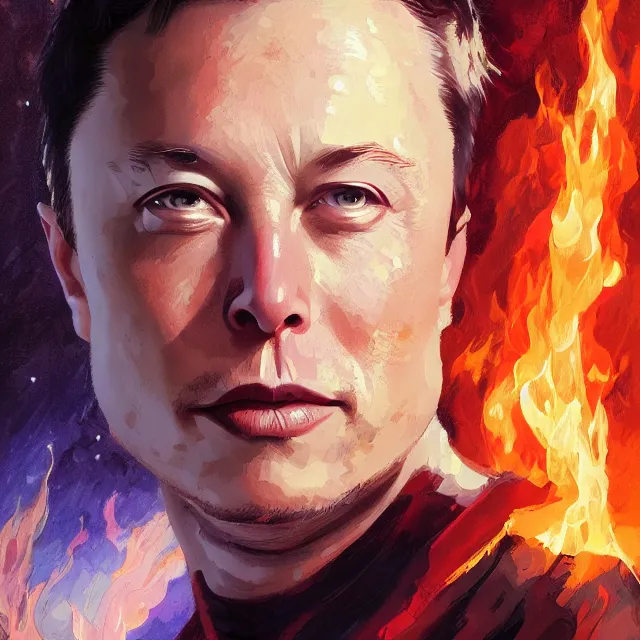 Image similar to Elon Musk as a firebender, portrait, elegant, intricate, digital painting, artstation, concept art, smooth, sharp focus, illustration, art by konstantin korovin and Daniel F. Gerhartz and john howe