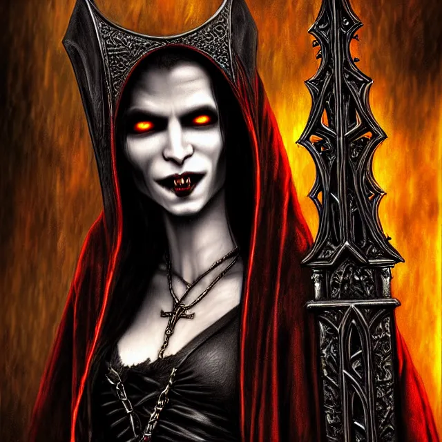 Prompt: vampire warrior, in a gothic church, highly detailed, 4 k, hdr, close up, portrait, smooth, sharp focus, high resolution, award - winning photo, illustrated by anne stokes, photorealistic