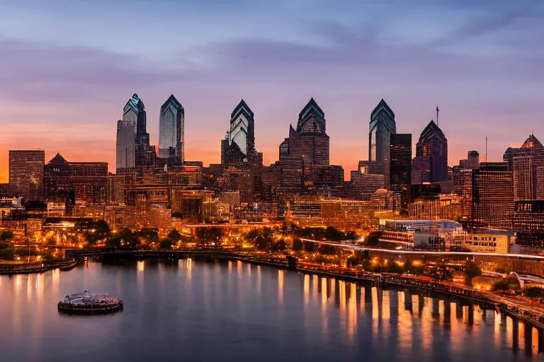 Prompt: the philadelphia skyline 2021 at dusk, dramatic, epic, cinematic