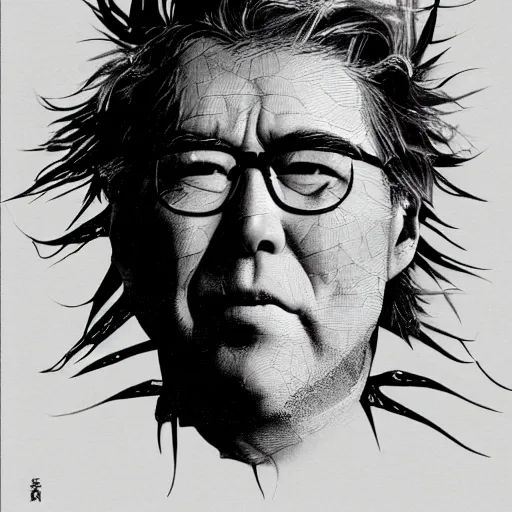 Image similar to Yoshitaka Amano realistic illustration of jeb bush ,hair fluttering in the wind, cracks on his face wearing Elden ring armour with engraving, abstract black and white patterns on the background, noisy film grain effect, highly detailed, Renaissance oil painting, weird portrait angle, blurred lost edges, three quarter view