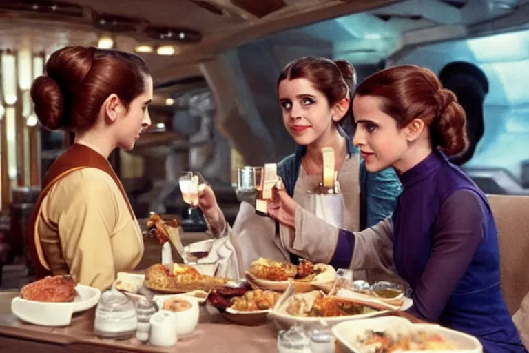 Image similar to princess leia having lunch with emma watson at quark's bar on deep space nine