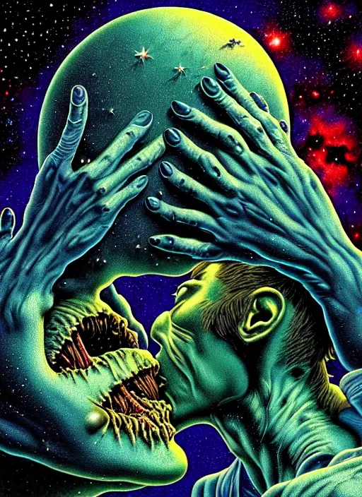 Prompt: detailed image of a creepy passionate kissing, in the deep space by richard corben, rich deep colors. masterpiece . intricate artwork, very coherent symmetrical artwork, cinematic, hyper realism, high detail, octane render, unreal engine, 8k, Vibrant colors, Smooth gradients, High contrast, depth of field. by Katsuhiro Otomo, by Bekzinski, full body character drawing, inspired by Evangeleon, clean ink detailed line drawing, intricate detail, extremely detailed.