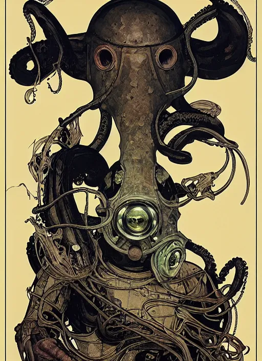 Image similar to a girl wearing octopus gas mask, poster by james jean, greg rutkowski, giger, alphonse mucha, andrew wyeth