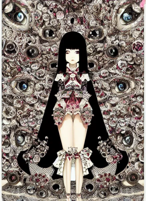 Image similar to baroque bedazzled gothic royalty frames surrounding a pixelsort emo demonic horrorcore japanese beautiful early computer graphics automaton doll, by guro manga artist Shintaro Kago