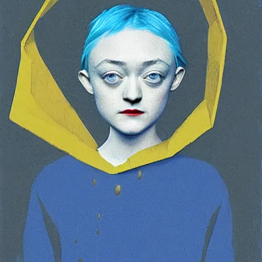 Image similar to Dakota Fanning with short blue hair wearing a yellow raincoat by Dave McKean