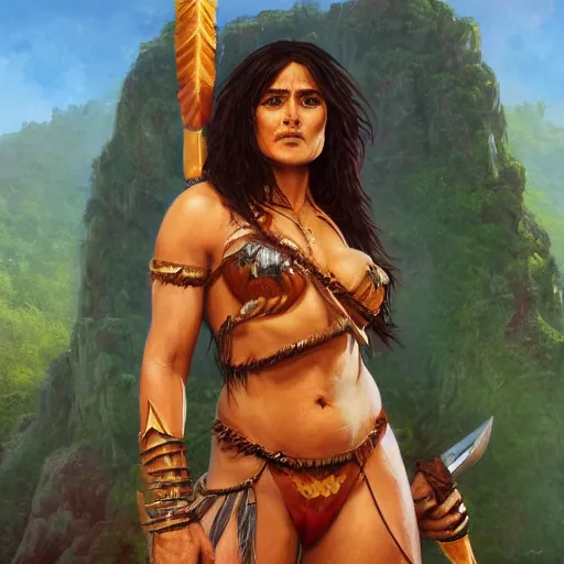 Image similar to salma hayek as amazonian amazon barbarian warrior, hyper detailed, digital art, trending in artstation, cinematic lighting, studio quality, smooth render, unreal engine 5 rendered, octane rendered, art style by klimt and nixeu and ian sprigger and wlop and krenz cushart.