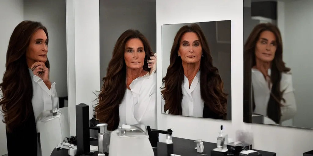 Prompt: ultra wide angle photo of caitlin jenner dressed in a white blouse and black dress pants looking at herself in a bathroom mirror and seeing her reflection as bruce jenner